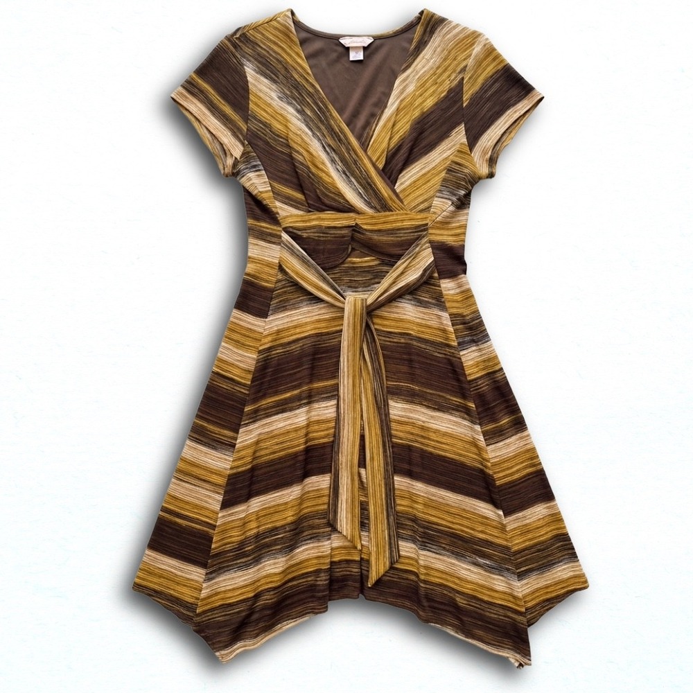 Vol 1 Woman Brown Striped V-Neck Handkerchief Hem Wrap Front Dress Plus Size 3X